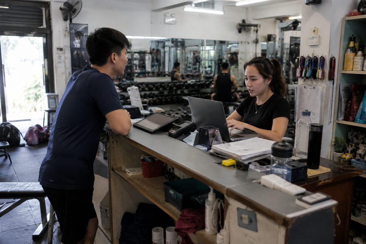 A Singapore fitness studio manager sending WhatsApp class reminders and check-ins to members